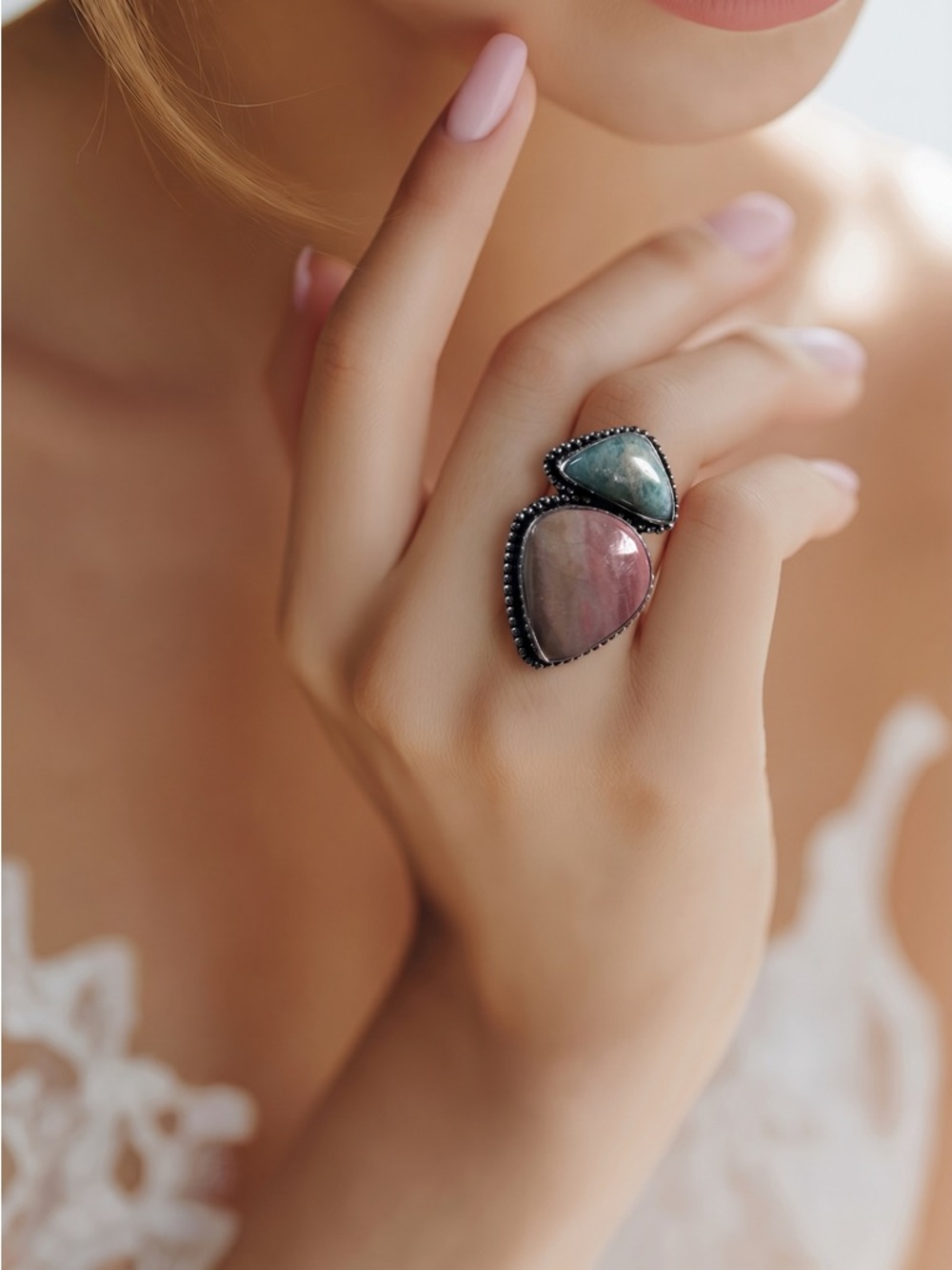 💕 Polychrome Jasper and larimar doubke gemstone ring silver plated size 9.5